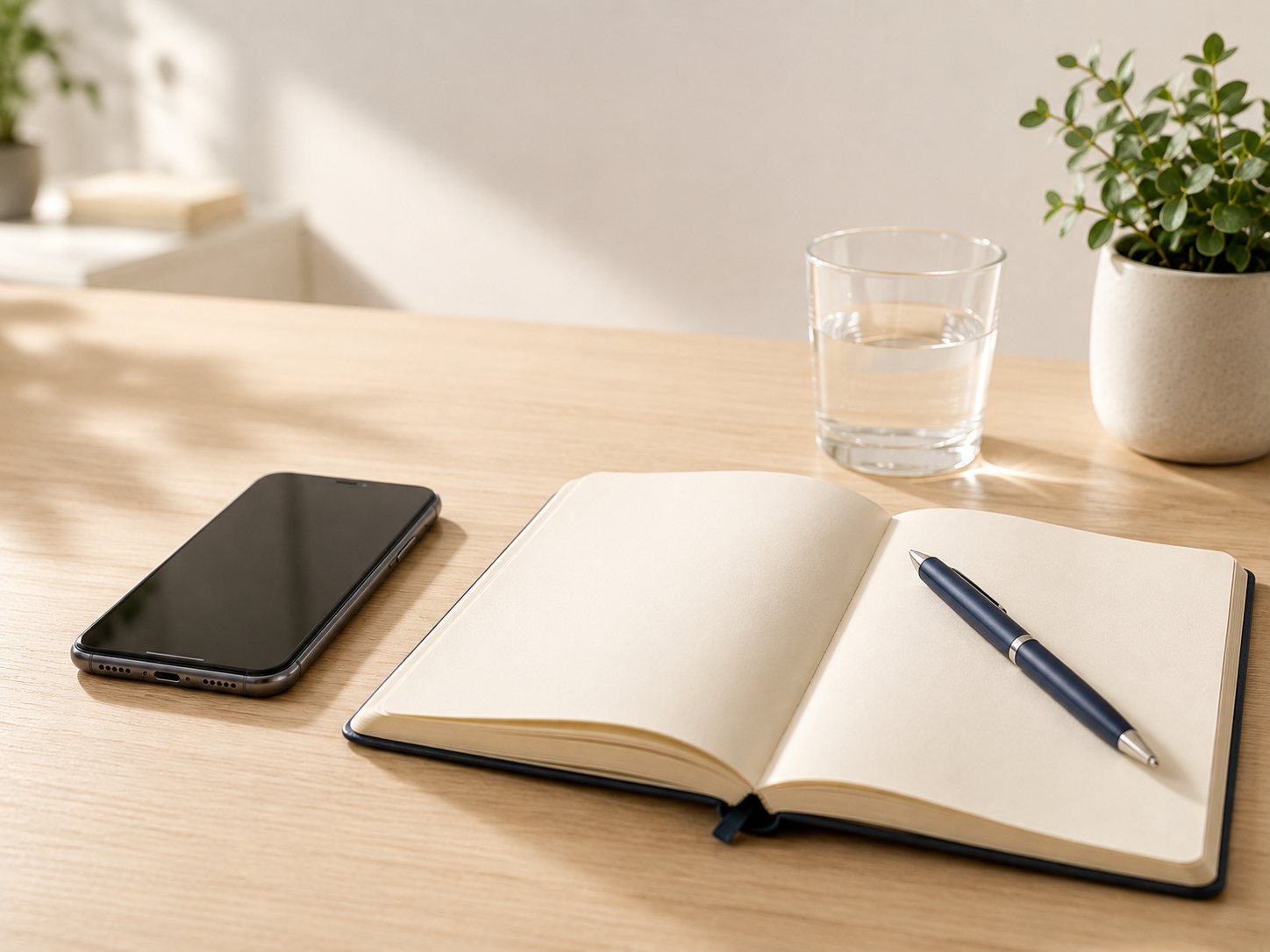 Aufgeschlagenes Notizbuch mit Stift, daneben ein Smartphone und ein Glas Wasser auf einem hellen Tisch
