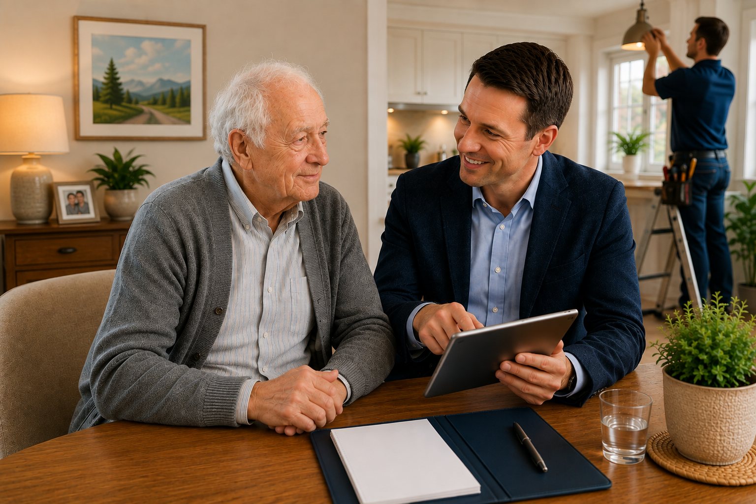 Älterer Herr und ein Mitarbeiter sehen gemeinsam auf ein Tablet, im Hintergrund montiert ein Handwerker eine Deckenlampe